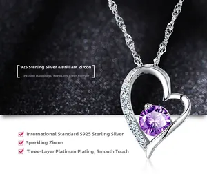 Macro detail of S925 sterling silver heart pendant with purple zircon and pavé setting