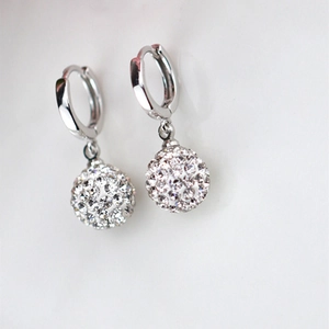 S925 sterling silver hoop earrings featuring white Shamballa crystal ball pendants