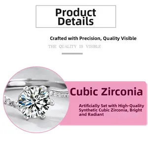 Detail view of snowflake zircon ring featuring classic six-prong setting and micro-pave band