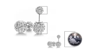 Detail showing 6mm and 10mm crystal pavé ball earrings in 925 silver finish