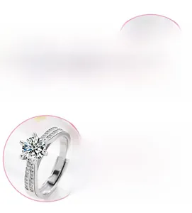 Detailed macro view of S925 silver six-prong moissanite ring with paved double-row zircons