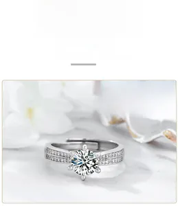 Detailed macro view of classic six-prong silver ring with double row of pavé set zircons