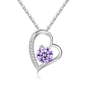 S925 sterling silver heart pendant necklace with large purple center stone and zircon