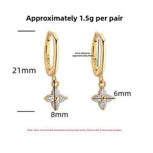 Detail view of gold S925 silver earrings with clover zircon showing precise size measurements