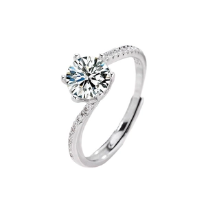 S925 sterling silver six-prong classic ring with round zircon and twisted pave band