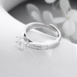 Classic S925 sterling silver ring with six-prong moissanite and adjustable band