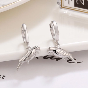 925 Sterling silver parrot drop earrings with detailed feather engraving and ear hoops