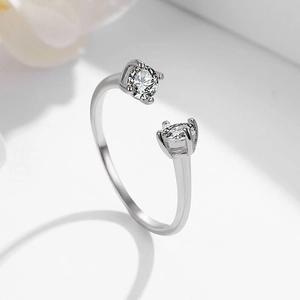 Elegant S925 sterling silver Toi et Moi open ring with two brilliant cut zircons
