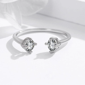Elegant S925 sterling silver open ring with double geometric white zircon stones