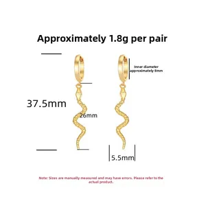 Detailed dimensions of gold snake drop earrings with 37.5mm length and 8mm inner diameter