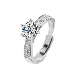 Classic S925 sterling silver ring with a six-prong round moissanite and adjustable band