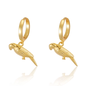 Elegant gold-plated parrot drop earrings with detailed feathers on a white background