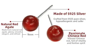 Detail of 8mm natural red agate stud earrings with S925 sterling silver posts