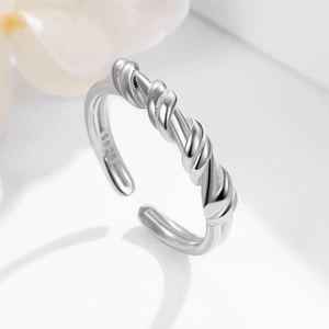 Minimalist knot design S925 sterling silver open ring with twisted rope texture and matte finish