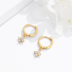 Elegant gold S925 sterling silver hoop earrings with four-petal zircon flower charms