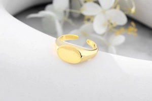 Detailed shot of polished S925 sterling silver gold-plated oval signet ring