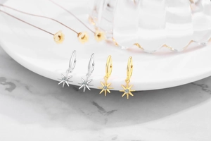 Detailed view of silver and gold S925 star hoop earrings with sparkling zircon stones