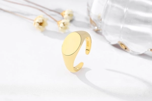 Detailed view of polished S925 sterling silver gold oval signet ring with adjustable band
