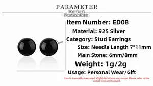 Detail specifications for S925 sterling silver black onyx stud earrings in 6mm and 8mm sizes