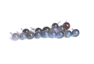 Close-up of spherical labradorite stud earrings with blue flash and S925 silver posts
