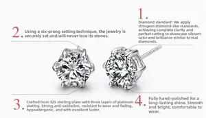 Detailed view of S925 sterling silver stud earrings with 6-prong zircon setting
