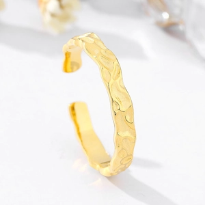 Irregular hammered gold open ring in S925 sterling silver with tinfoil texture for women