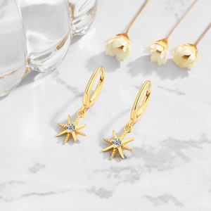 Elegant gold S925 silver star earrings with zircon stone on marble surface