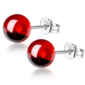 S925 sterling silver stud earrings featuring polished red agate cherry beads on white background