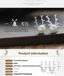 Detailed view of S925 silver reindeer antler earrings with 6mm freshwater pearls