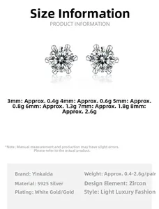 Size guide for S925 sterling silver six-prong cubic zirconia stud earrings in various sizes