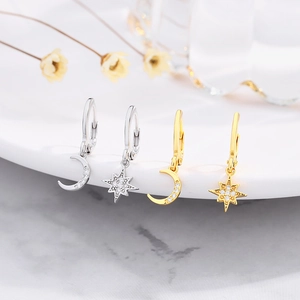 Asymmetrische Stern Mond 925 Sterlingsilber Ohrringe Mit Strass Pavé Hängeohrringe Für Damen Mode Schmuck