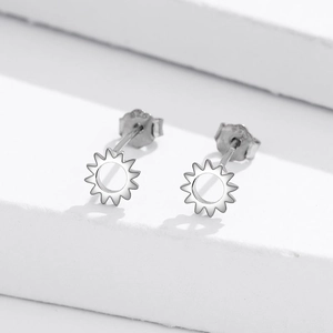 Minimalist 925 sterling silver sunburst stud earrings with polished geometric details
