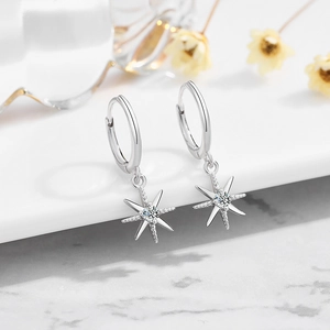 925 Sterling Silver Rhinestone Star Hoop Earrings For Women Hexagram Eight Pointed Star Pendant Dangle Earrings Jewelry