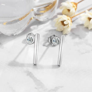 Minimalist S925 sterling silver bar earrings with round cubic zirconia stones for women