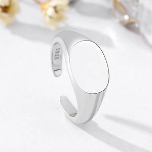 Minimalist S925 sterling silver signet ring with adjustable open band and polished finish