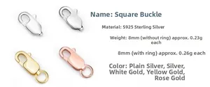 Detailed view of 8mm S925 sterling silver square lobster clasps in four plating colors