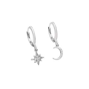 925 Sterling Silber Mond und Stern Creolen mit klaren funkelnden Zirkoniasteinen