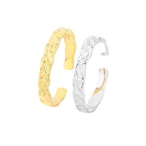 Adjustable S925 sterling silver open rings with irregular hammered lava texture in gold and silver