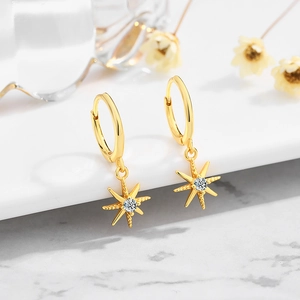 S925 sterling silver gold-plated hoop earrings with star pendants and clear cubic zirconia