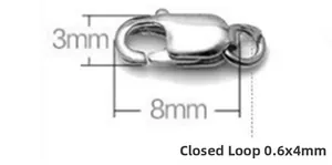 Detail view of 925 silver square spring clasp dimensions showing 8mm x 3mm size specifications
