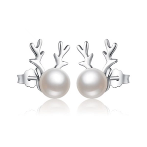925 Sterling Silver Earring Post Antler Artificial Pearl Stud Earrings Christmas Reindeer Deer Animal Fine Jewelry For Women Elegant Gift