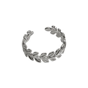 Detailed view of silver olive leaf open ring with adjustable minimalist plant design