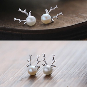 Elegant S925 sterling silver reindeer antler stud earrings with white pearls for women