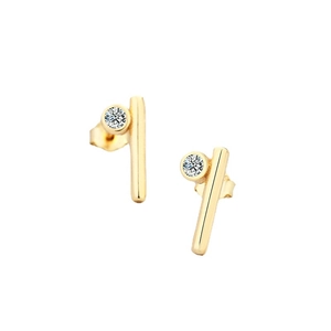 Minimalist gold bar stud earrings with round cubic zirconia in a modern geometric design