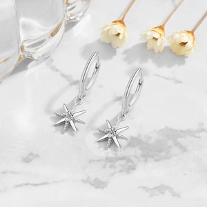 Elegant S925 sterling silver star drop earrings with sparkling zircon on marble surface