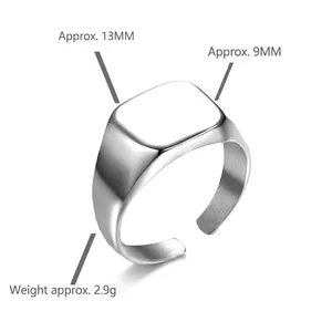 Bague ouverte minimaliste en argent sterling 925, design carré poli, taille 13x9mm