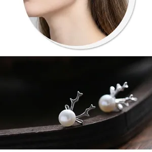 S925 sterling silver reindeer antler stud earrings with white pearls for women gift