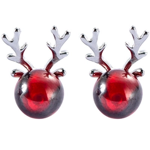 S925 sterling silver reindeer antlers stud earrings with red beads on white background