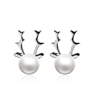 Elegant S925 sterling silver reindeer antler stud earrings with white pearls
