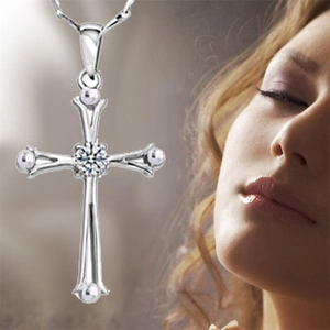Classic 925 sterling silver cross pendant necklace with sparkling center diamond for women